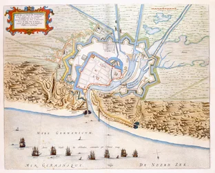 Die Stadt Dünkirchen während der spanischen Herrschaft: Plan mit den Küstenverteidigungsanlagen, der Burg und den Bastionsbefestigungen, 1649